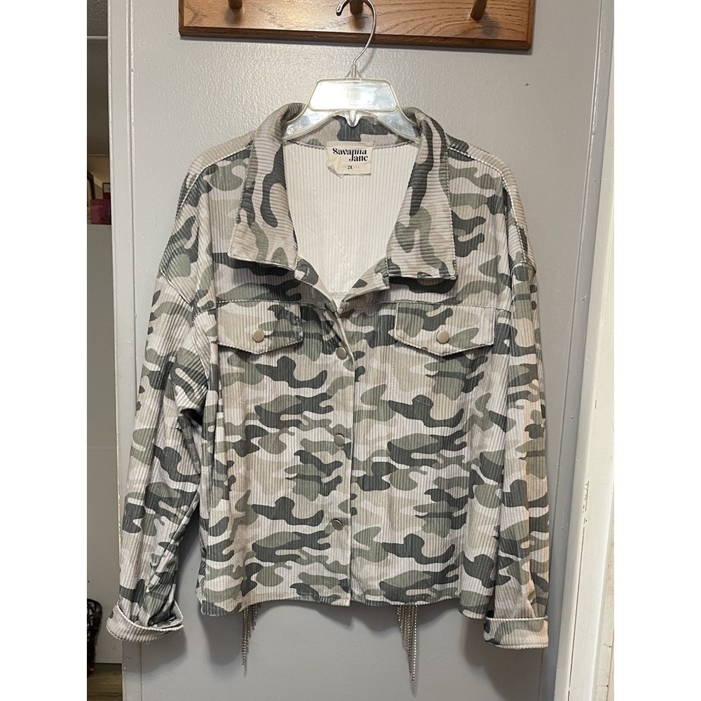 Savannah Jane Corduroy Jacket Green Camo Bling Back Women's 2X
